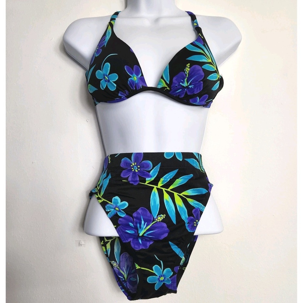 Vintage Catalina Floral Bikini Set‎ Womens Small Black Blue Tropical High Waist